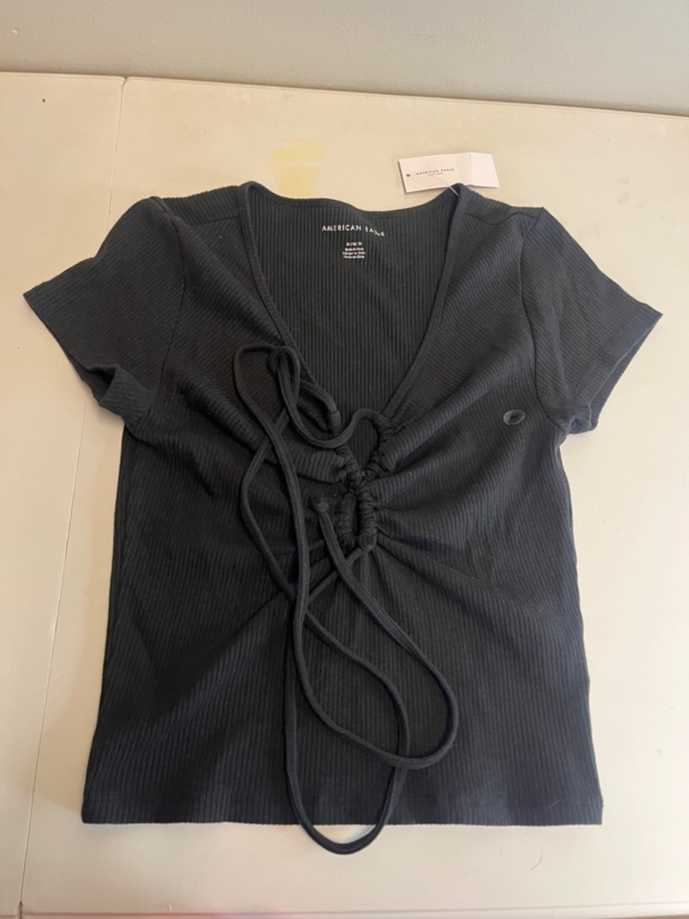AMERCANEAGLE Black Ribbed Short Sleeve Tie-Front Top